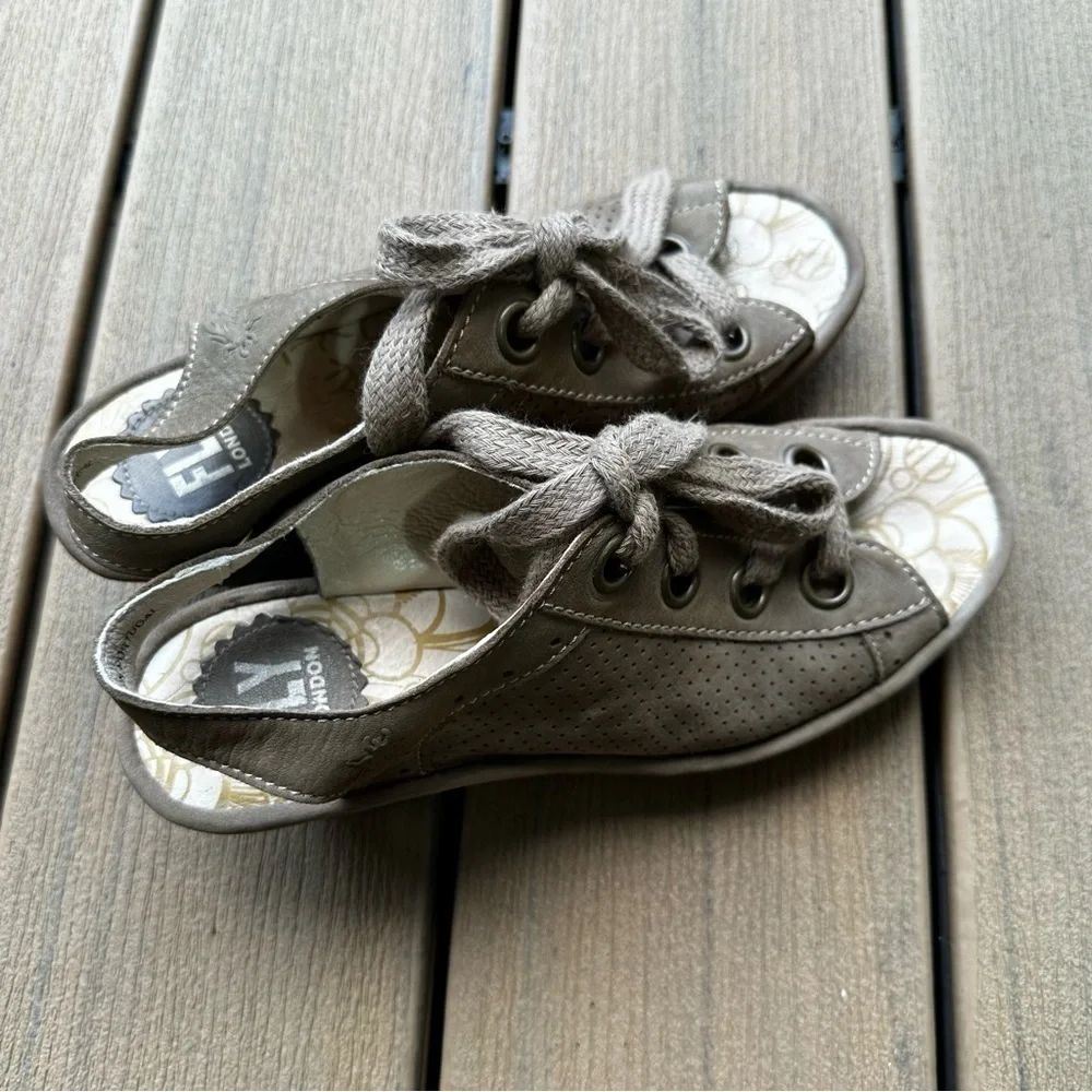 Fly London Yuta Peep Toe Wedge Sneakers Taupe Tan Size 38, 7-7.5 Women’s